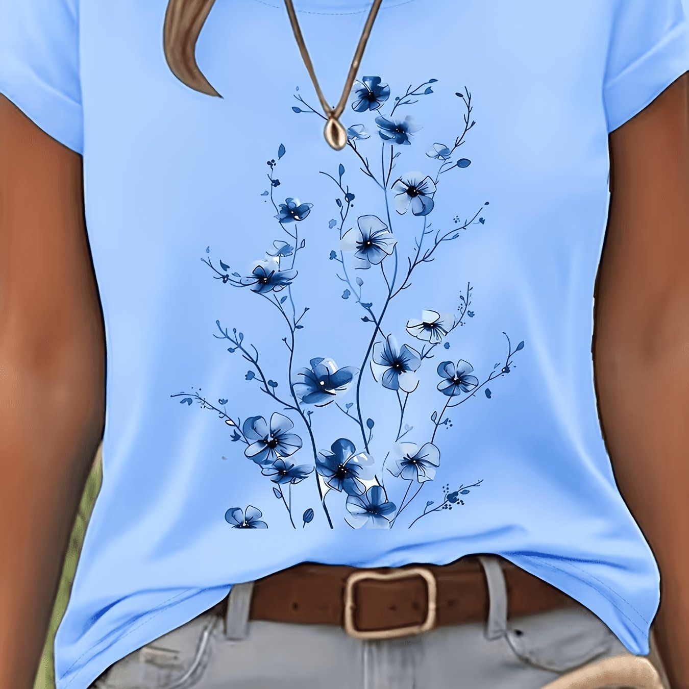 Women'S Printed T-Shirt Spring Summer Top 1pc   OAXG Blue / S