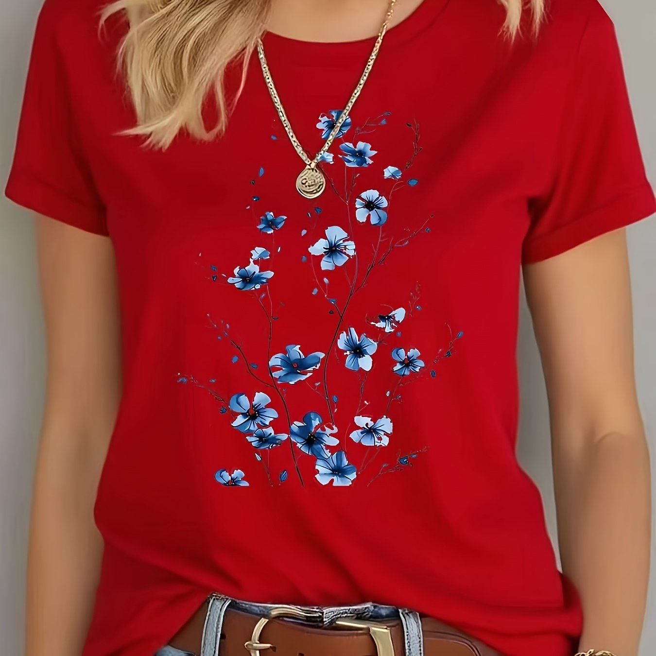 Women'S Printed T-Shirt Spring Summer Top 1pc   OAXG Blue / S
