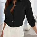 Women's Professional Long-Sleeved V-Neck Shirt - Versatile Black Top   OAXG Black / S