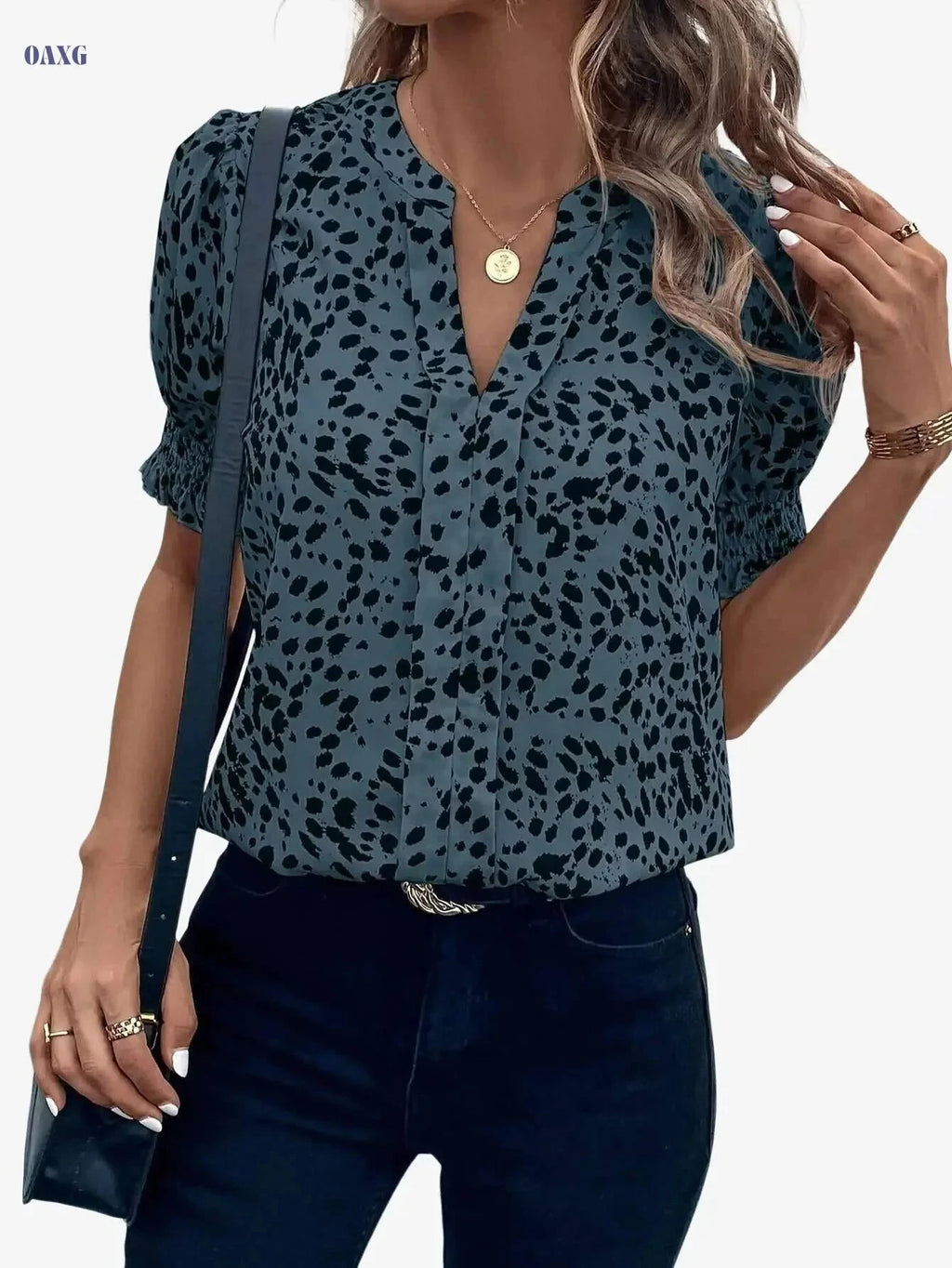 Women's Puff Sleeve Shirt - 100% Polyester Solid Leopard Print   OAXG Apricot / S