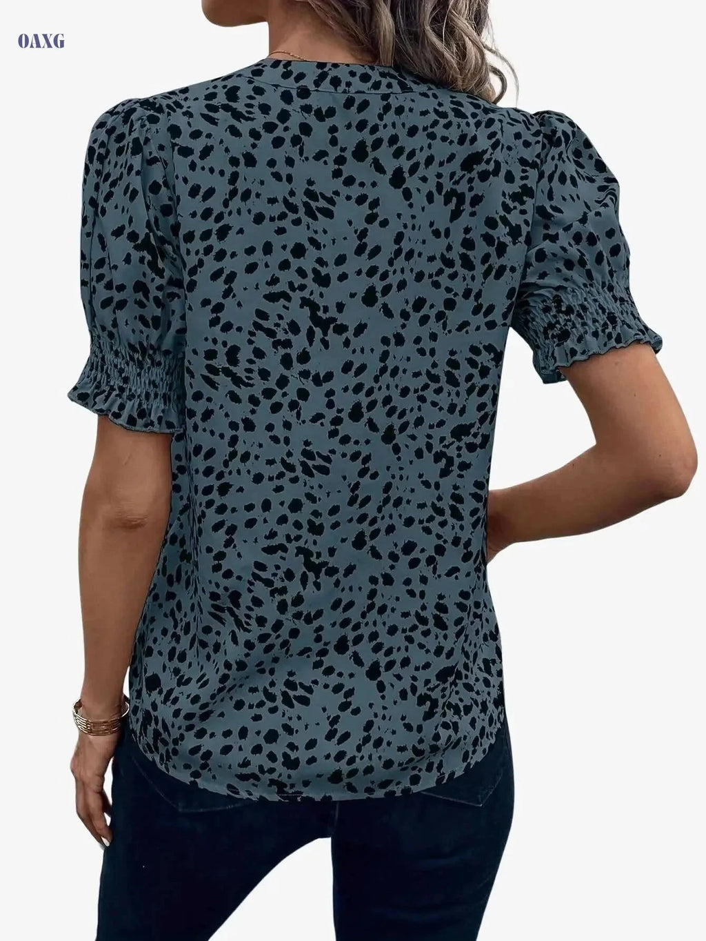 Women's Puff Sleeve Shirt - 100% Polyester Solid Leopard Print   OAXG 