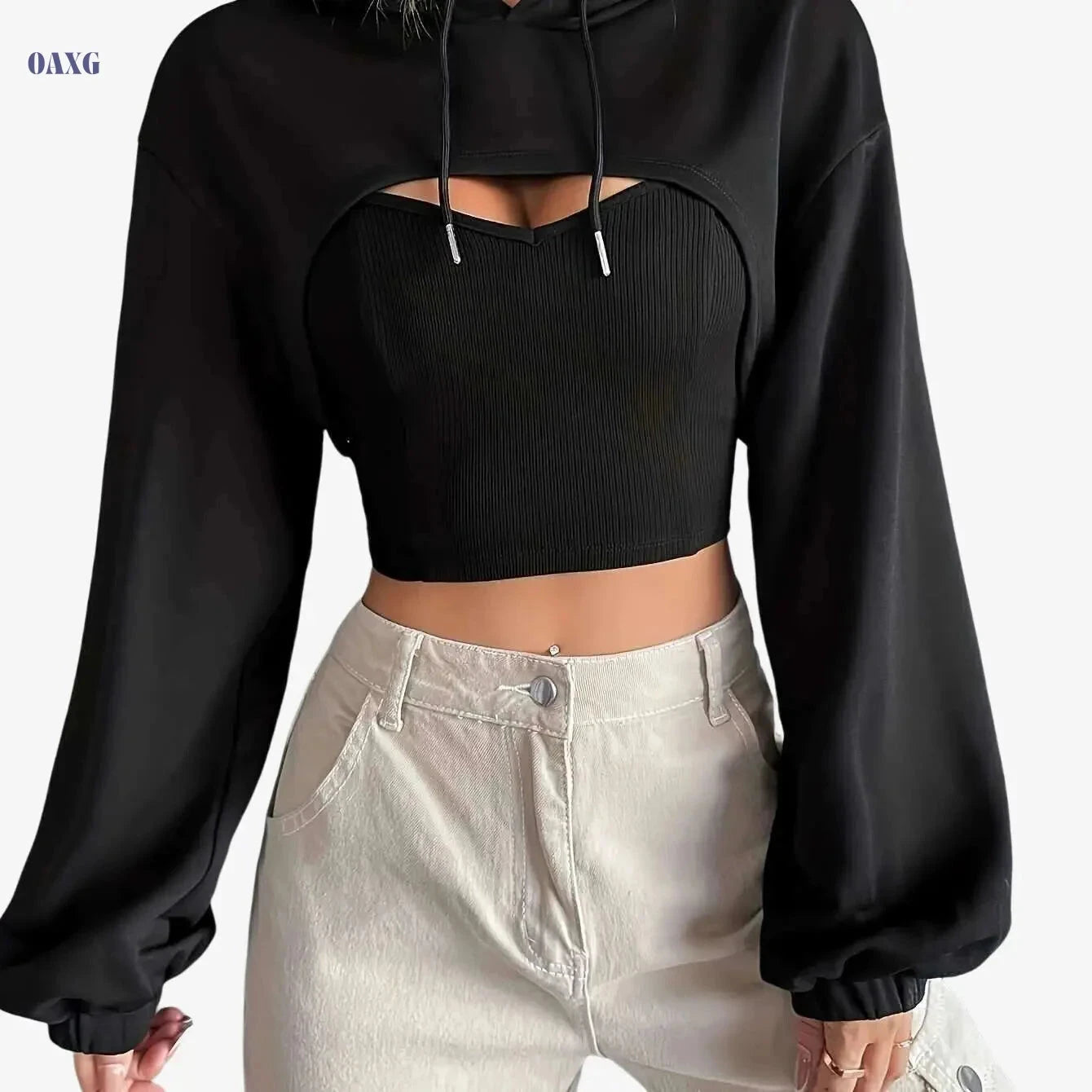 Women’s Red Cutout Hoodie - Casual Stretch Pullover for All Seasons   OAXG 