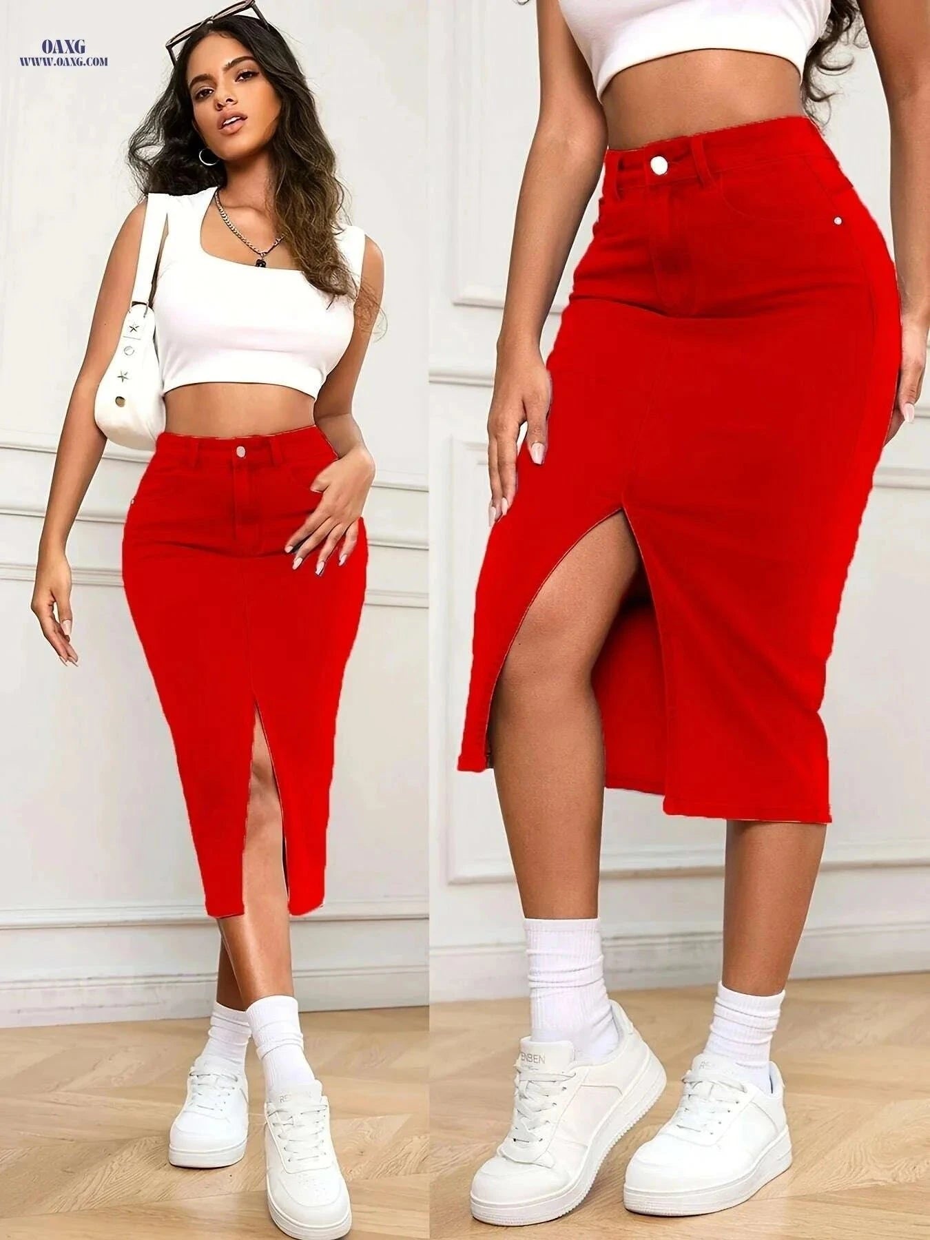 Women's Red High Waisted Denim Midi Skirt - Bodycon Fit & Pockets   OAXG Red / S
