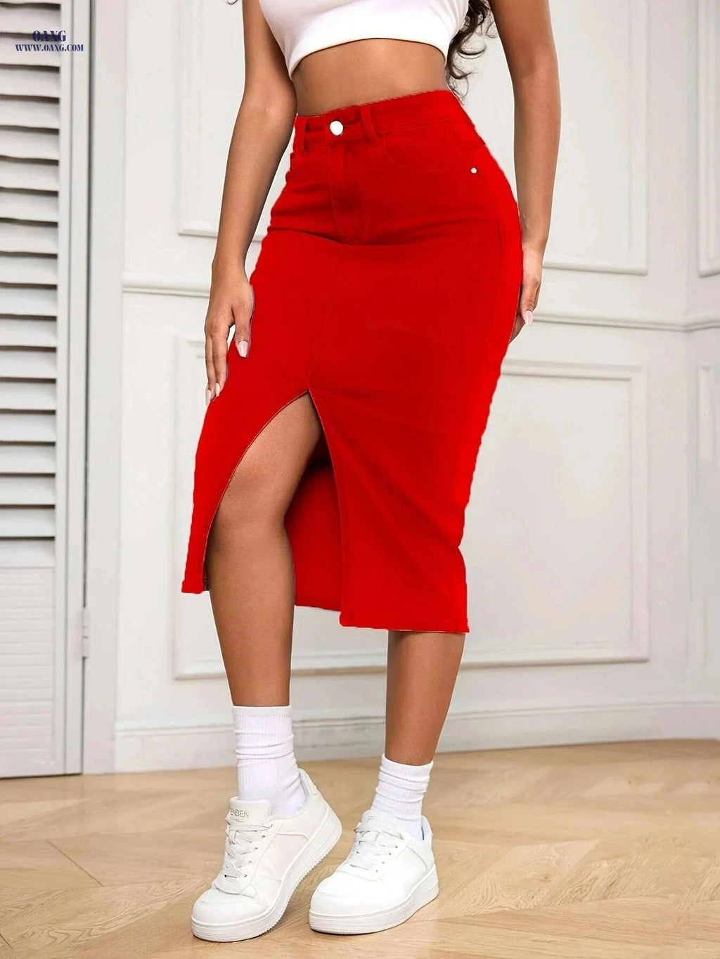 Women's Red High Waisted Denim Midi Skirt - Bodycon Fit & Pockets   OAXG Red / S