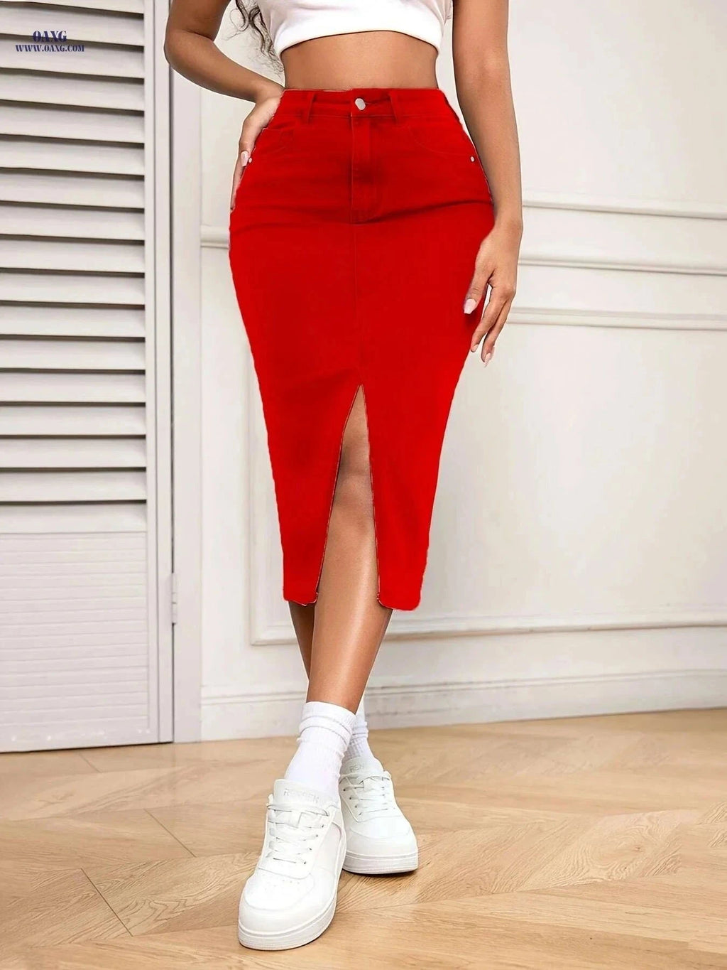 Women's Red High Waisted Denim Midi Skirt - Bodycon Fit & Pockets   OAXG Red / S