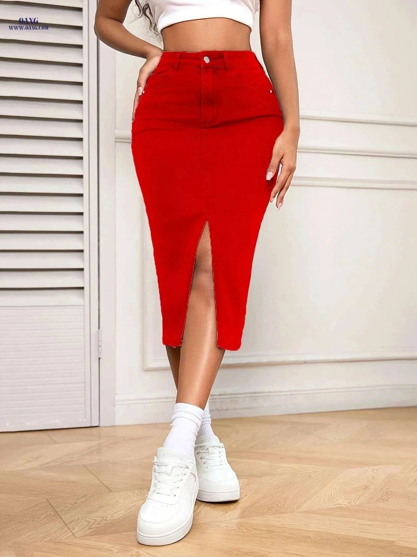 Women's Red High Waisted Denim Midi Skirt - Bodycon Fit & Pockets   OAXG Red / S