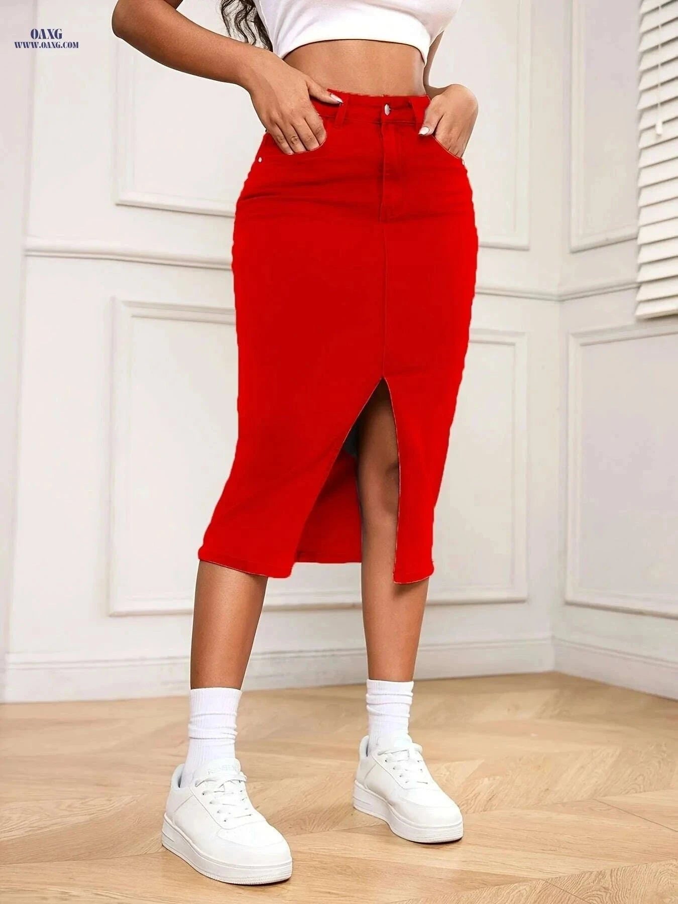 Women's Red High Waisted Denim Midi Skirt - Bodycon Fit & Pockets   OAXG Red / S