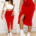 Women's Red High Waisted Denim Midi Skirt - Bodycon Fit & Pockets   OAXG Red / S