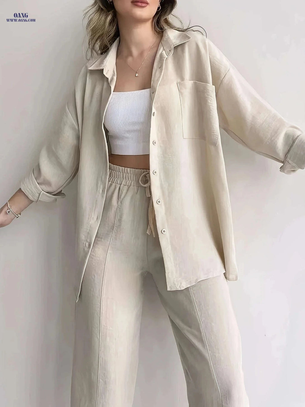 Women's Relaxed Fit Shirt & Wide-Leg Pants Set - Casual Style   OAXG 
