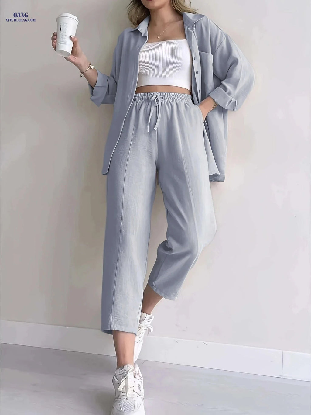 Women's Relaxed Fit Shirt & Wide-Leg Pants Set - Casual Style   OAXG 