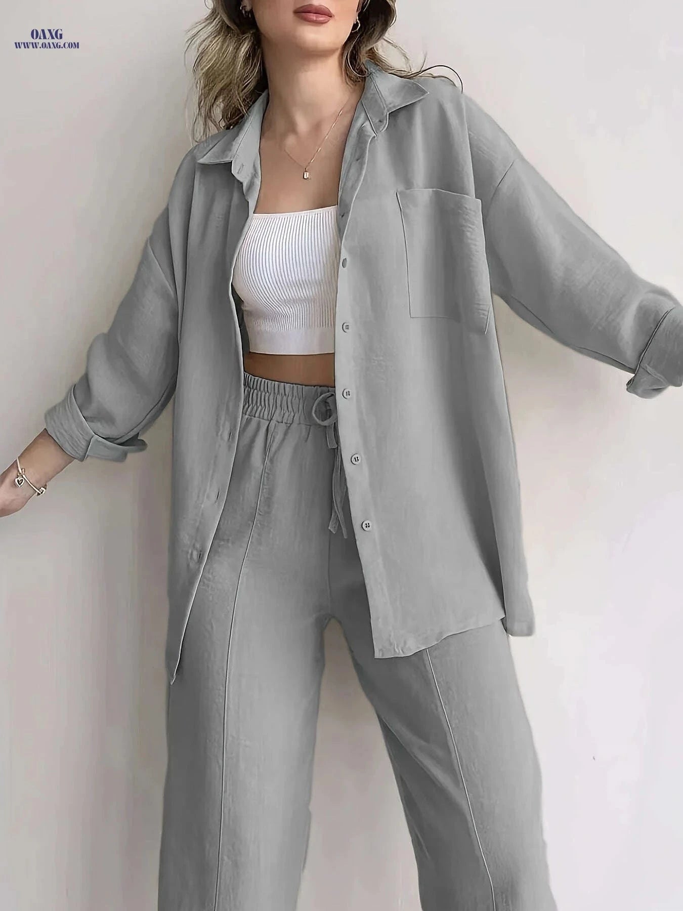 Women's Relaxed Fit Shirt & Wide-Leg Pants Set - Casual Style   OAXG 
