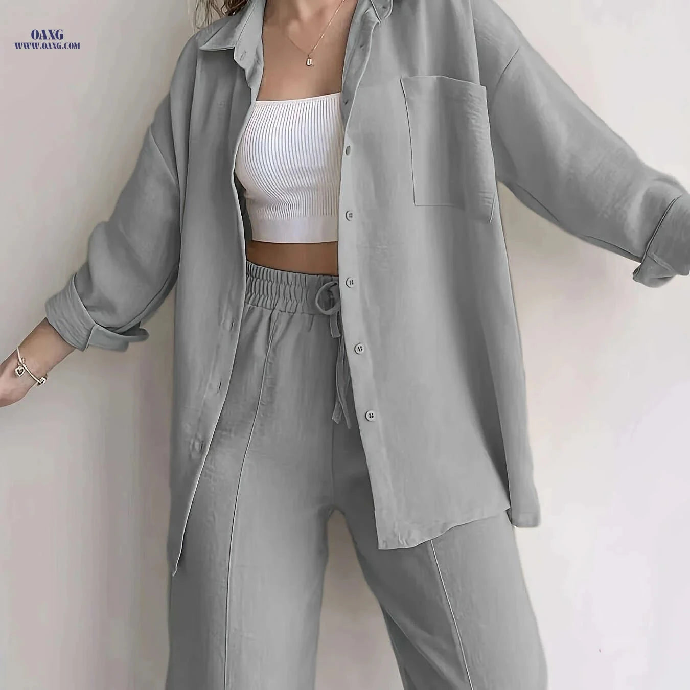 Women's Relaxed Fit Shirt & Wide-Leg Pants Set - Casual Style   OAXG Milky / M