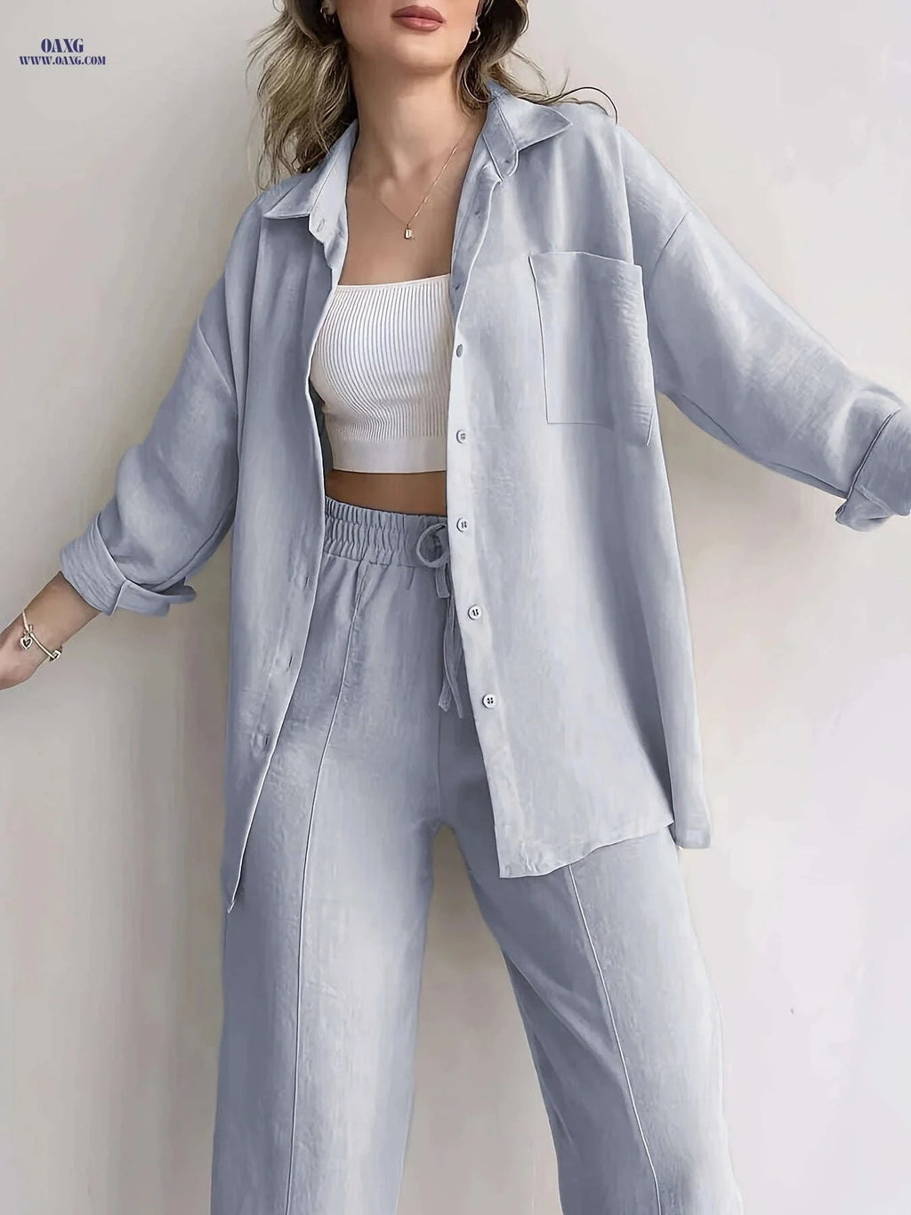 Women's Relaxed Fit Shirt & Wide-Leg Pants Set - Casual Style   OAXG Milky / M