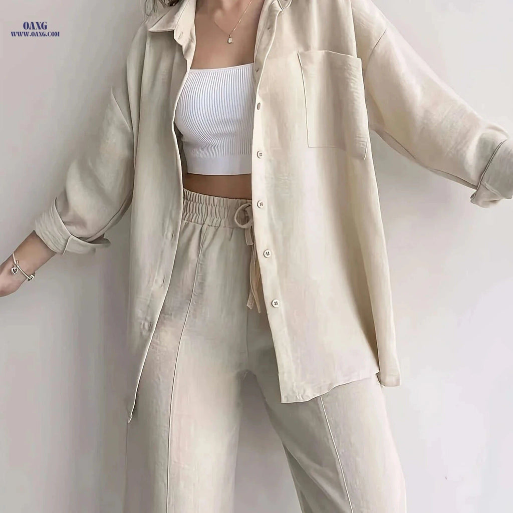 Women's Relaxed Fit Shirt & Wide-Leg Pants Set - Casual Style   OAXG Milky / M