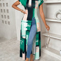 Women'S Retro Art Style Round Neck Short-Sleeved Long Slit Top, Geometric Color Block Print + Side High Slit Design, Slim Fit And Drape, Suitable for All Seasons, Suitable for Daily Commuting And Layering with Jeans   OAXG Mixed colors / S