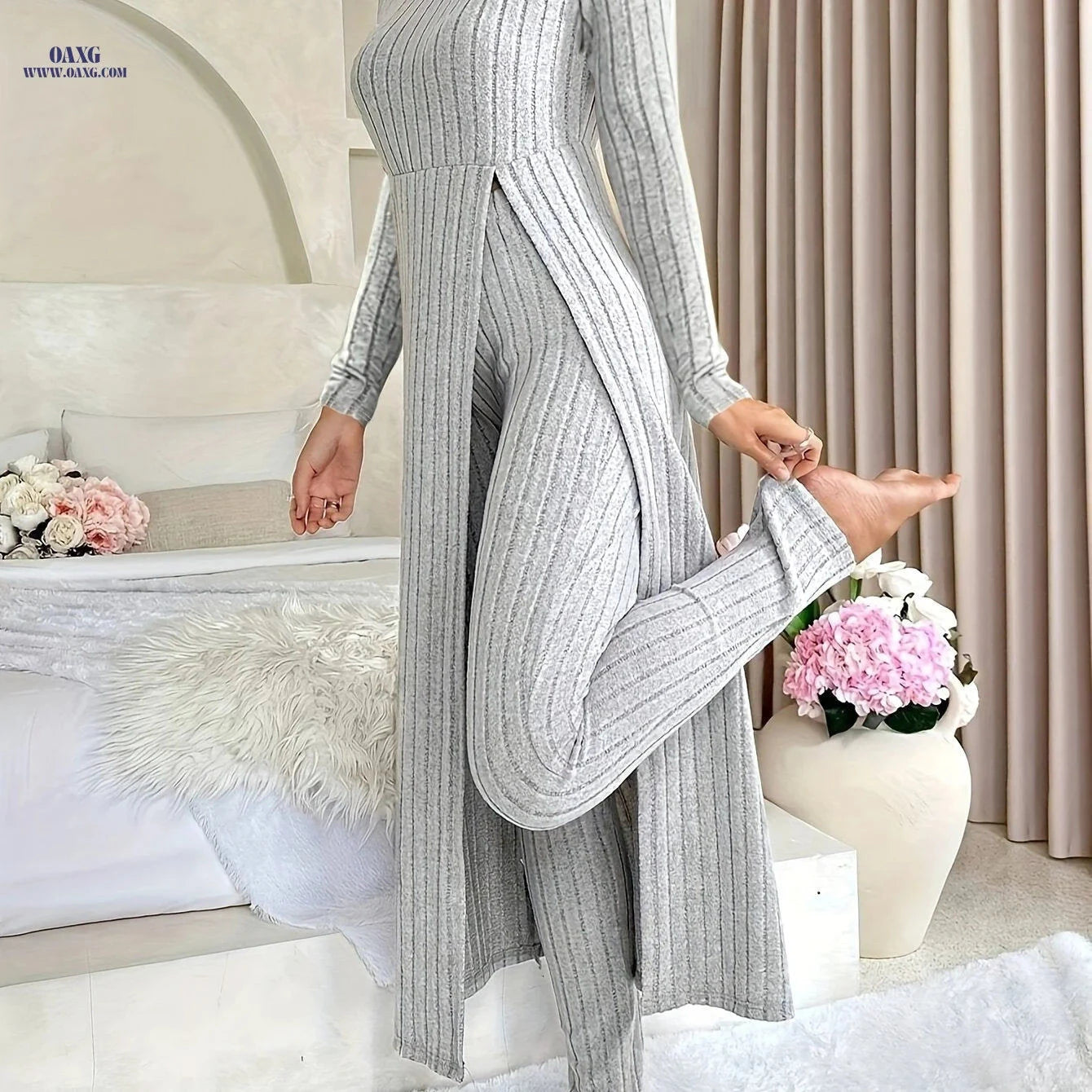 Women's Ribbed 2pcs Set - Elegant Round Neck Long Sleeve Top & Pants   OAXG 