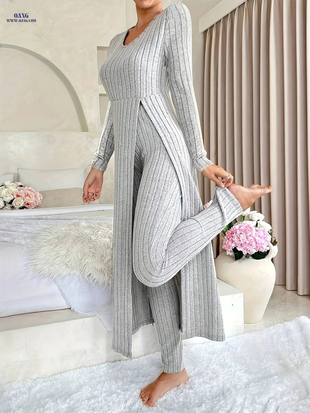 Women's Ribbed 2pcs Set - Elegant Round Neck Long Sleeve Top & Pants   OAXG Orange / S