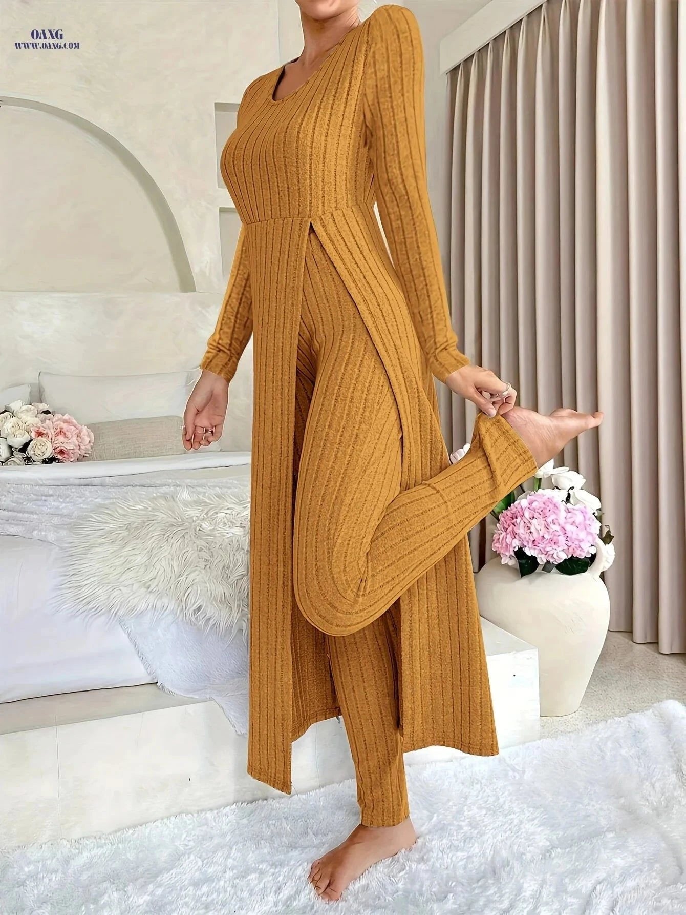 Women's Ribbed 2pcs Set - Elegant Round Neck Long Sleeve Top & Pants   OAXG Orange / S
