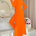 Women's Ribbed 2pcs Set - Elegant Round Neck Long Sleeve Top & Pants   OAXG Orange / S