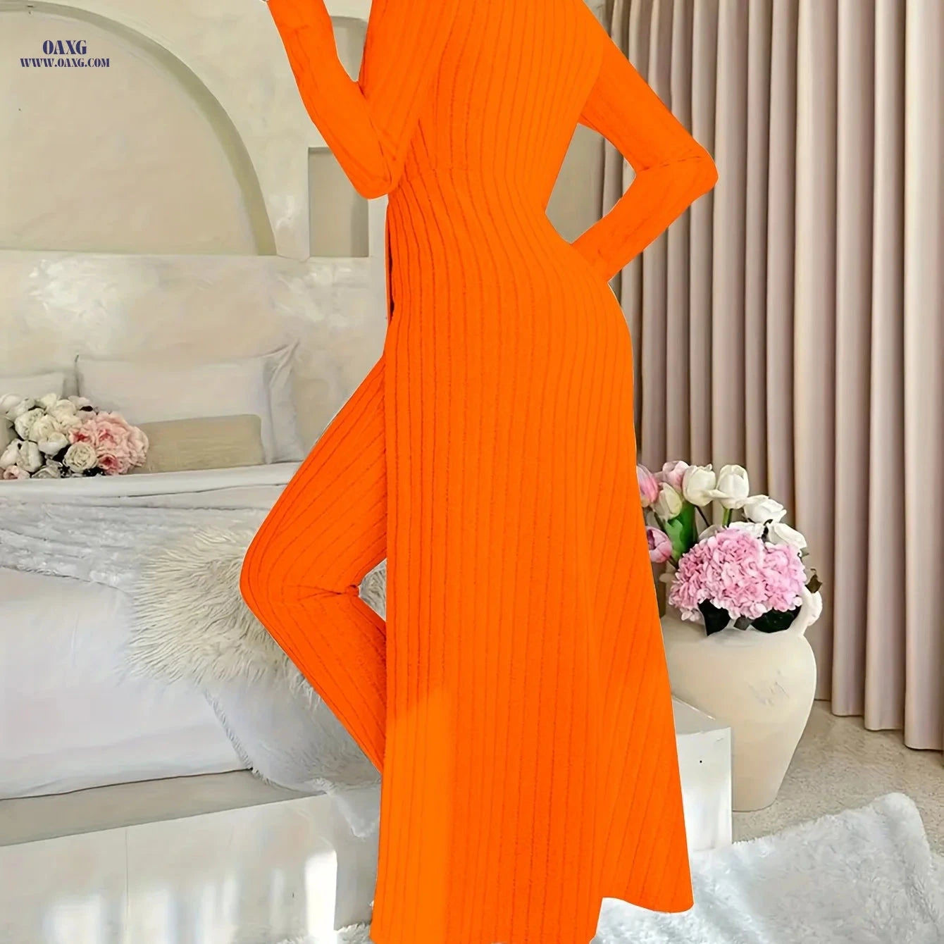 Women's Ribbed 2pcs Set - Elegant Round Neck Long Sleeve Top & Pants   OAXG Orange / S