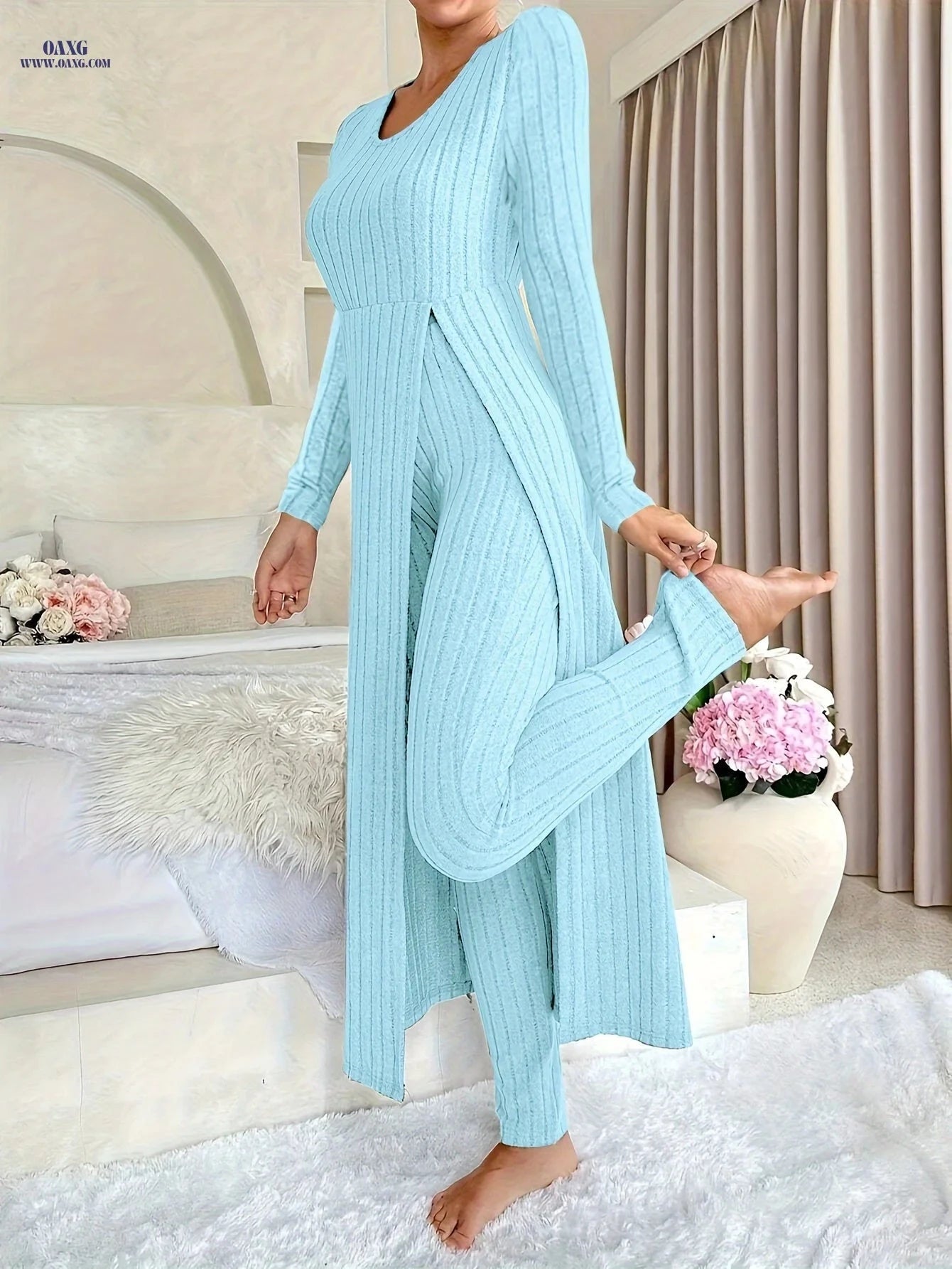 Women's Ribbed 2pcs Set - Elegant Round Neck Long Sleeve Top & Pants   OAXG Orange / S