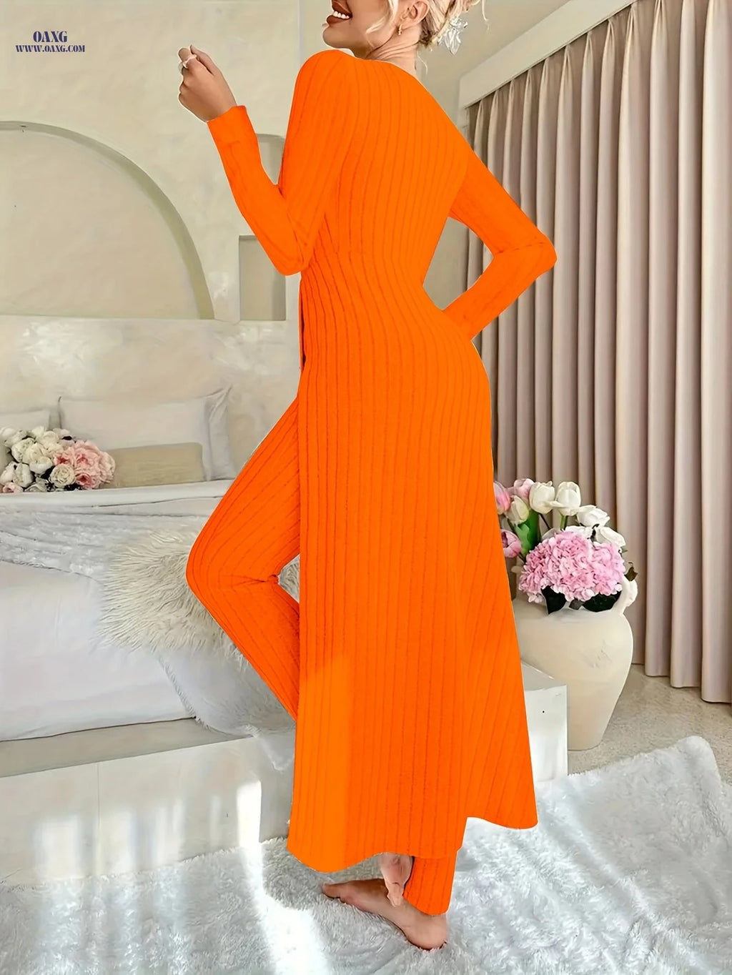 Women's Ribbed 2pcs Set - Elegant Round Neck Long Sleeve Top & Pants   OAXG Orange / S