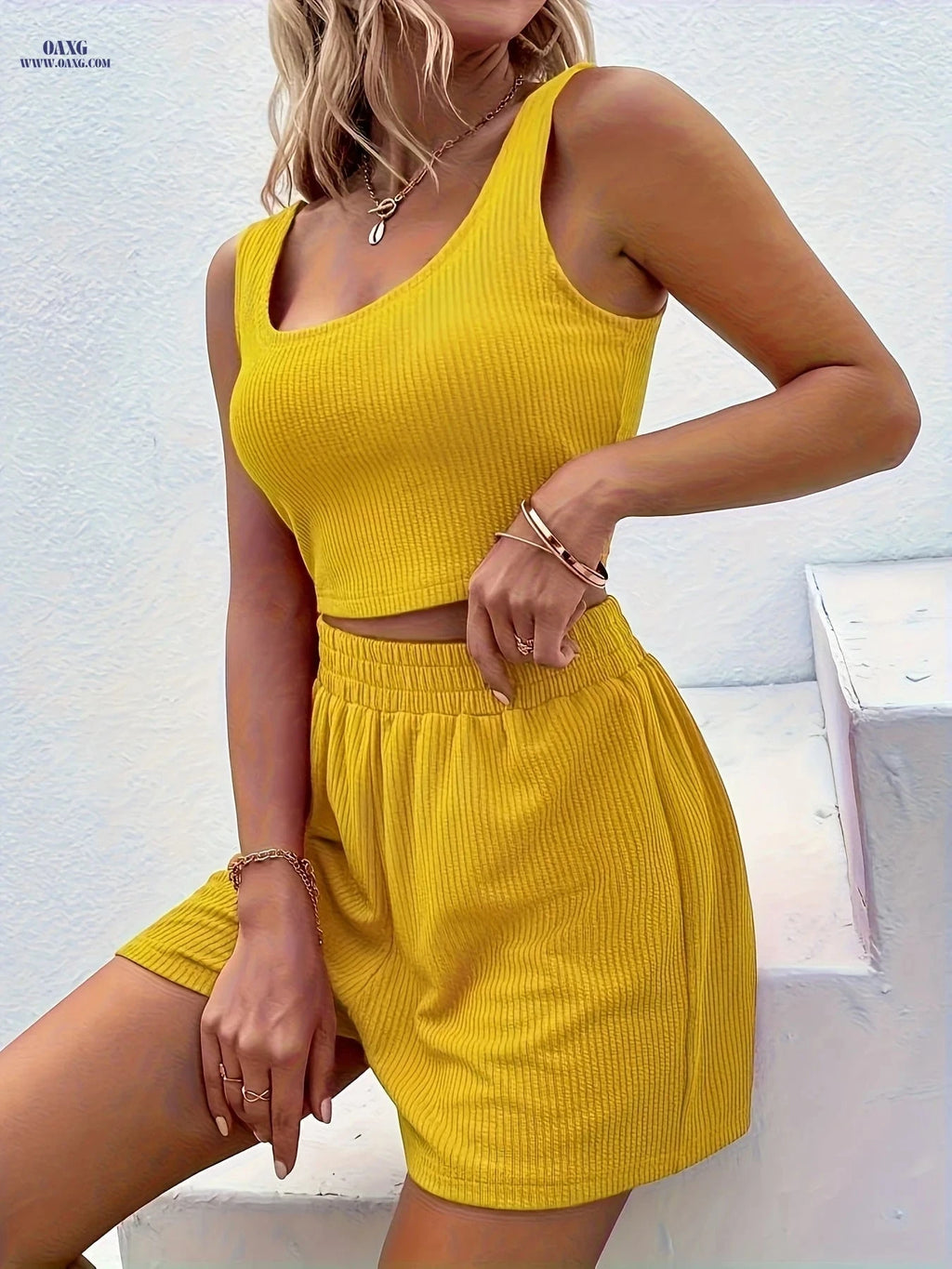 Women's Ribbed Crop Top and Shorts Set - Casual Summer Outfit   OAXG 