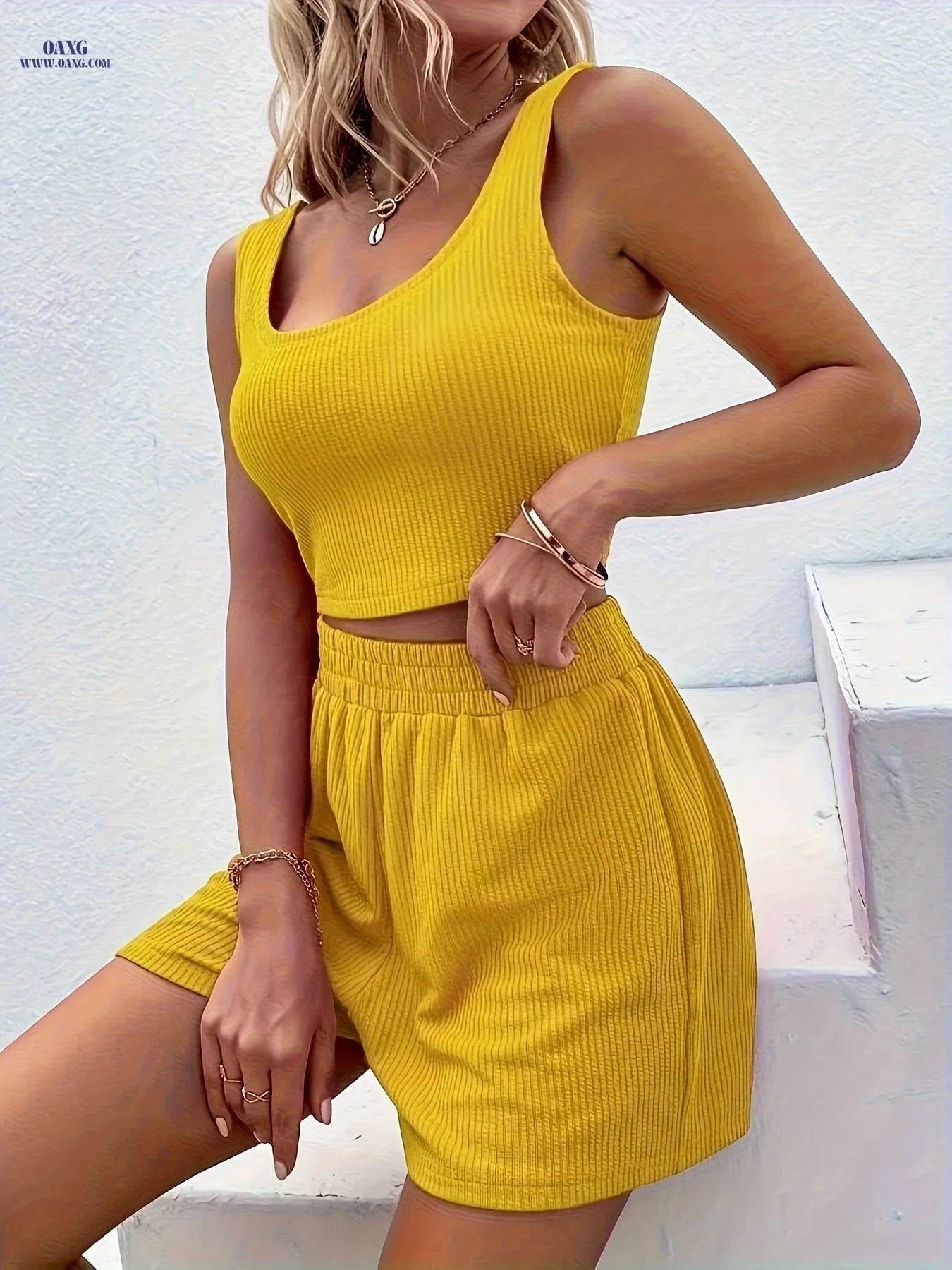 Women's Ribbed Crop Top and Shorts Set - Casual Summer Outfit   OAXG 