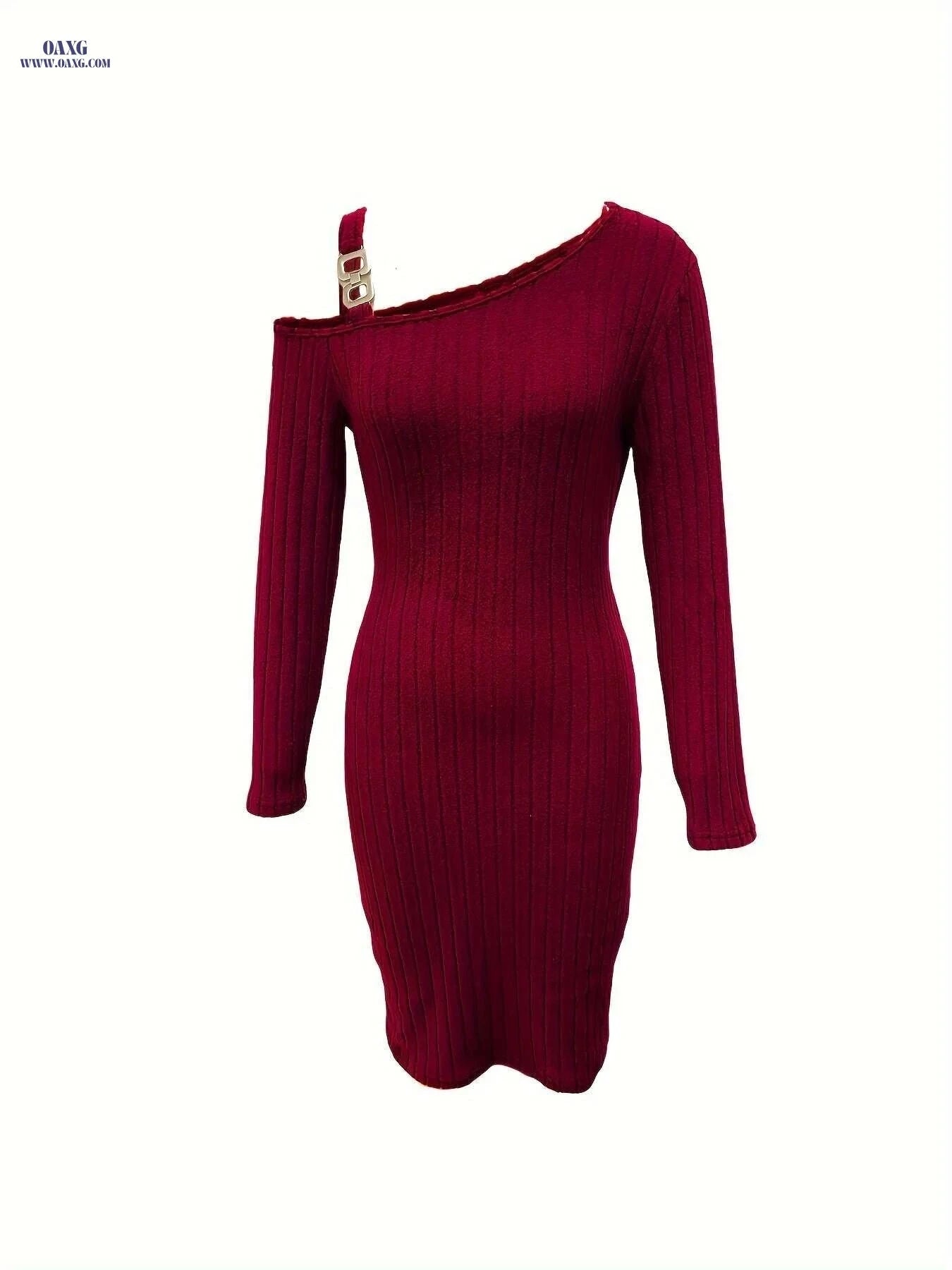 Women's Ribbed Slanted Shoulder Dress - Long Sleeve Mini Party Wear   OAXG Burgundy / XS