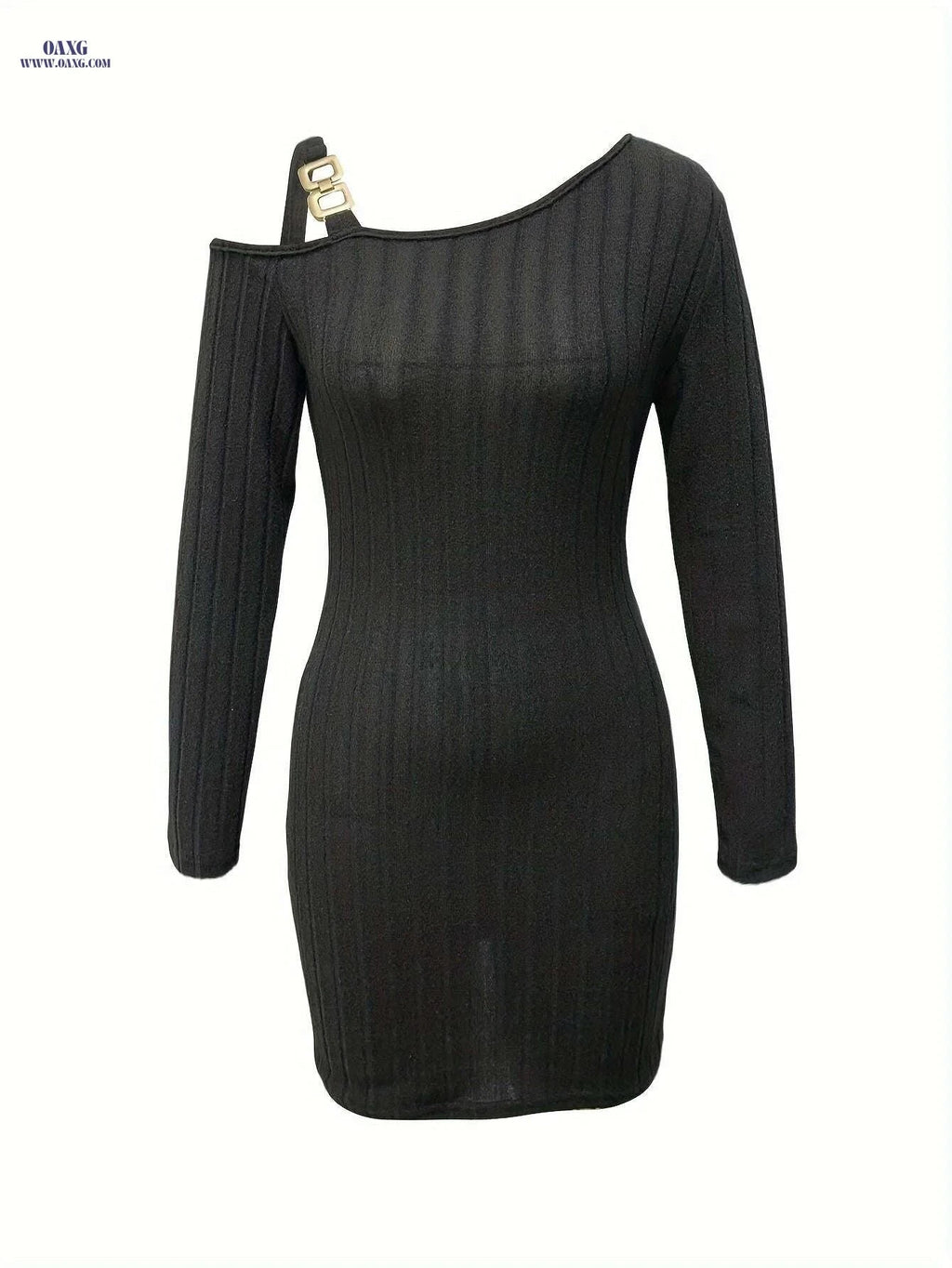Women's Ribbed Slanted Shoulder Dress - Long Sleeve Mini Party Wear   OAXG 