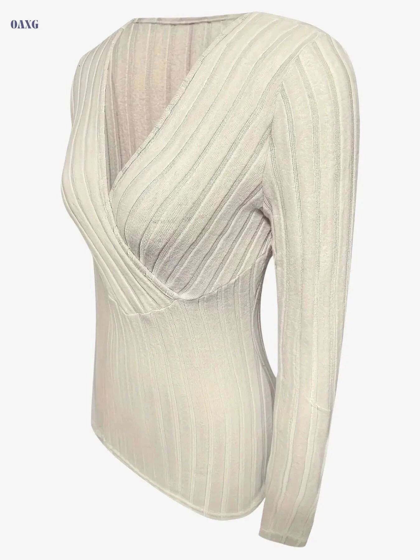 Women's Ribbed V Neck T-Shirt - Casual Long Sleeve for Spring & Fall   OAXG Apricot / S