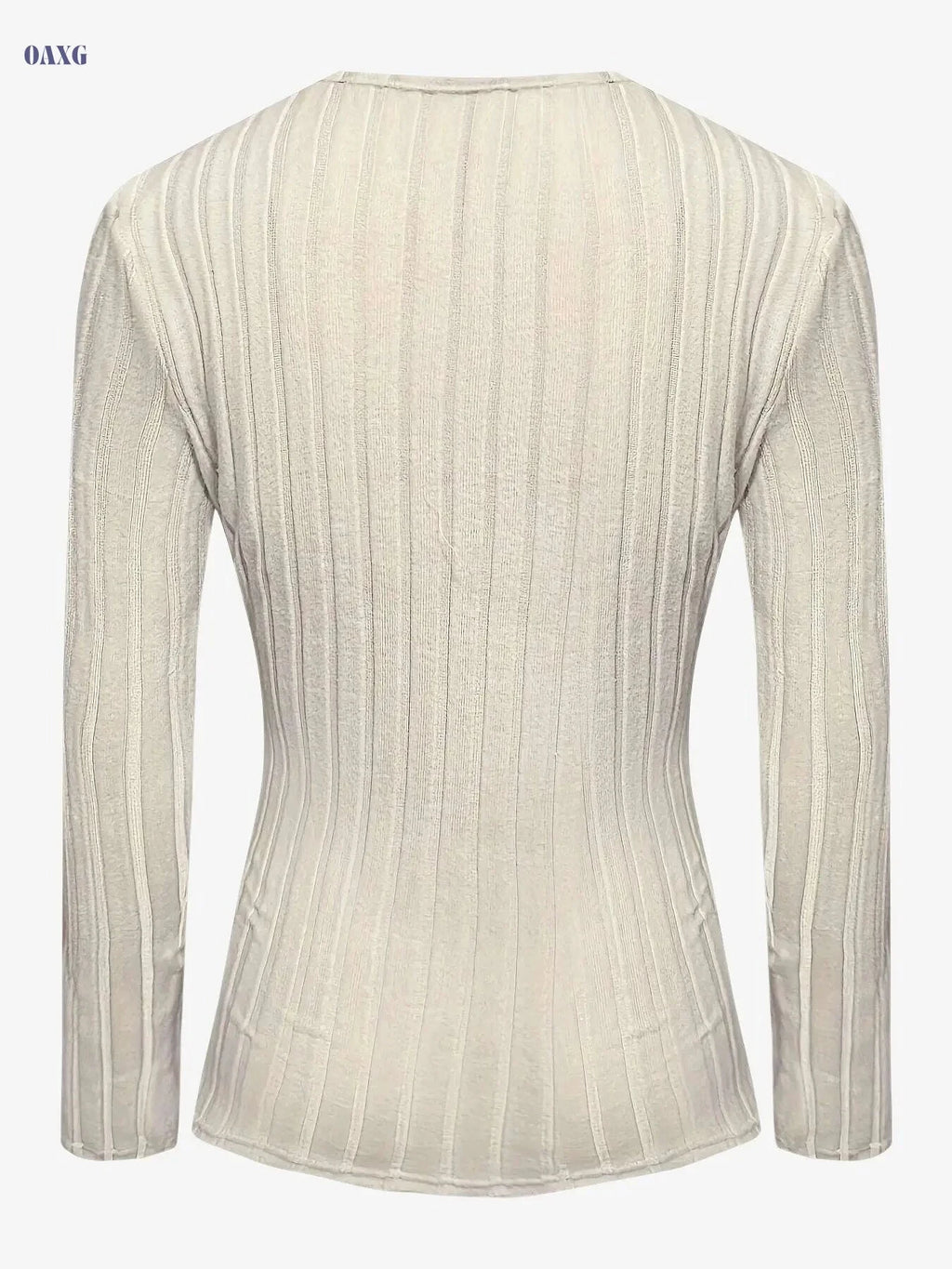 Women's Ribbed V Neck T-Shirt - Casual Long Sleeve for Spring & Fall   OAXG Apricot / S