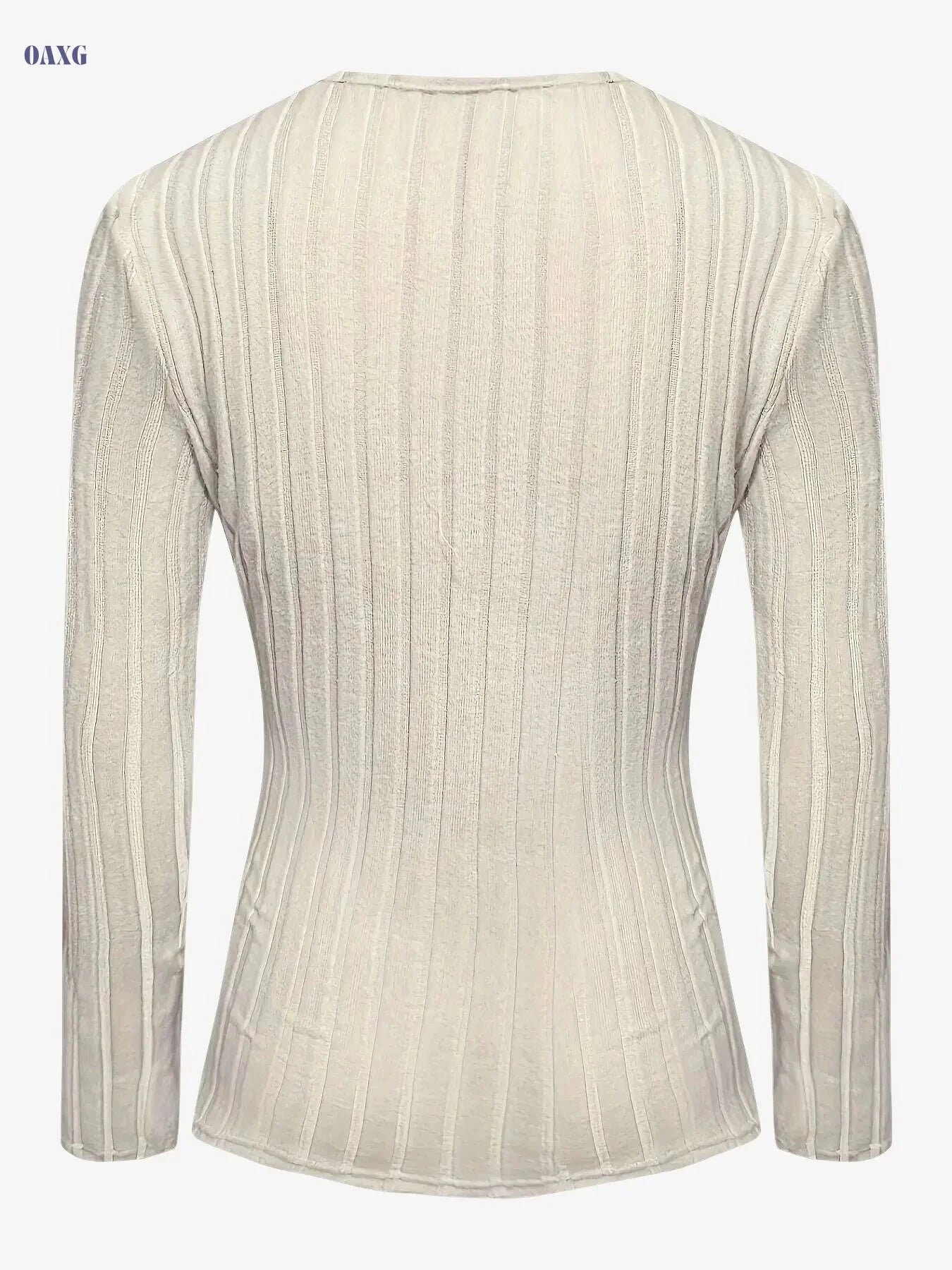 Women's Ribbed V Neck T-Shirt - Casual Long Sleeve for Spring & Fall   OAXG Apricot / S