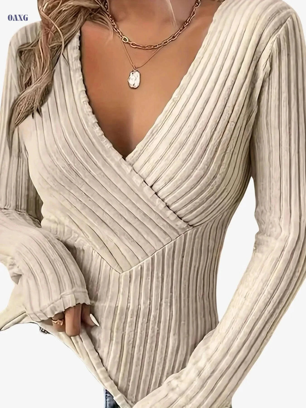 Women's Ribbed V Neck T-Shirt - Casual Long Sleeve for Spring & Fall   OAXG Apricot / S