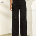 Women's Ripped Black Wide Leg Jeans - High Rise & Distressed Design   OAXG Black / XS