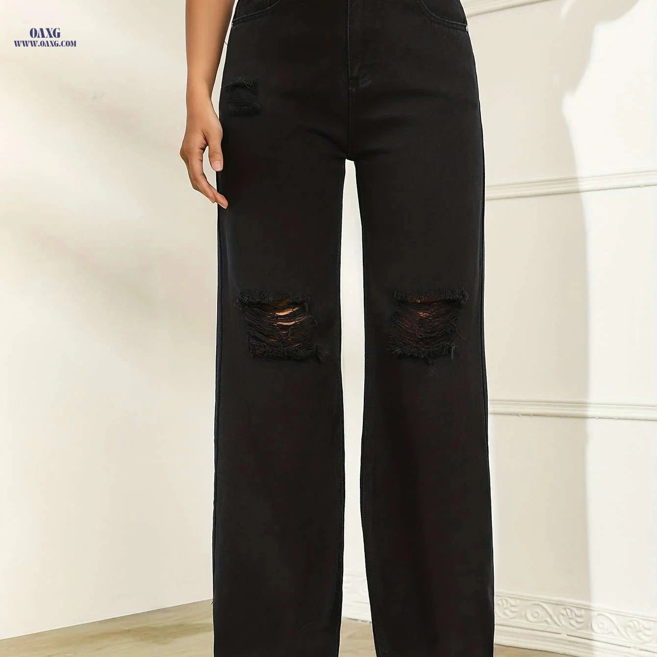 Women's Ripped Black Wide Leg Jeans - High Rise & Distressed Design   OAXG Black / XS