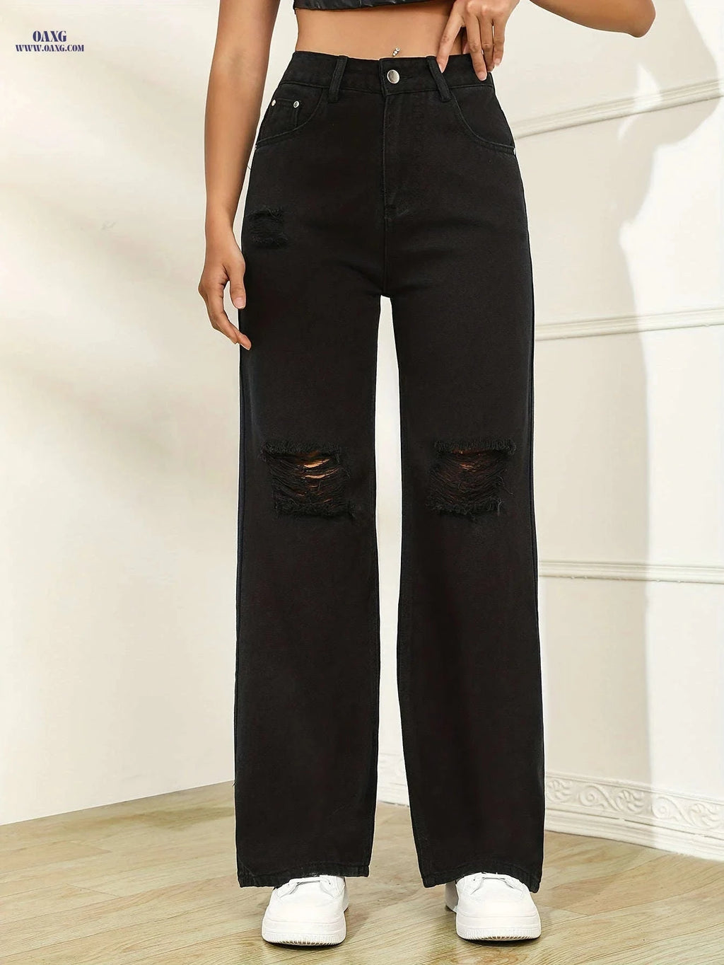Women's Ripped Black Wide Leg Jeans - High Rise & Distressed Design   OAXG Black / XS