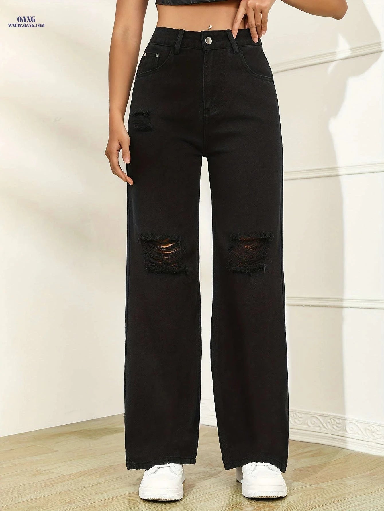 Women's Ripped Black Wide Leg Jeans - High Rise & Distressed Design   OAXG Black / XS