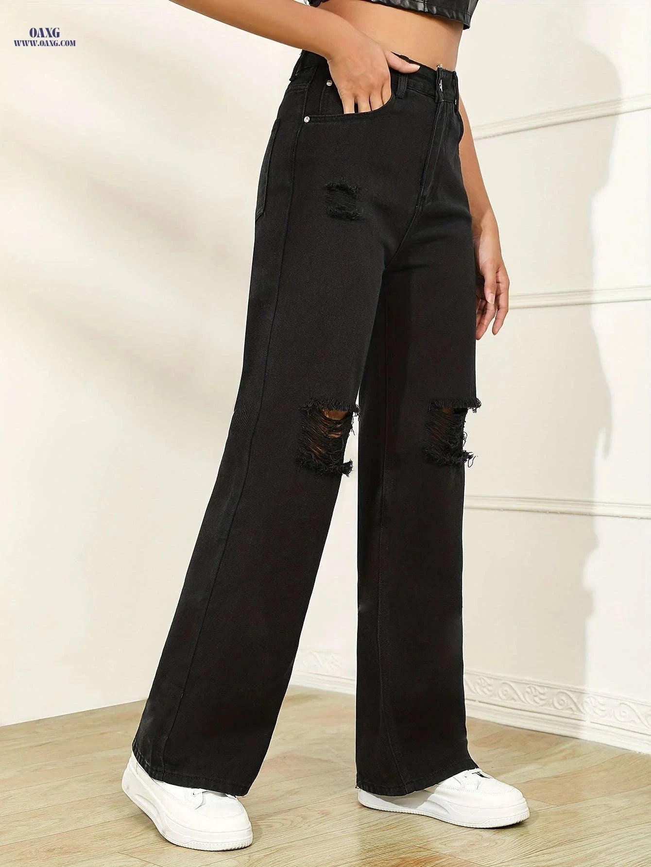 Women's Ripped Black Wide Leg Jeans - High Rise & Distressed Design   OAXG Black / XS