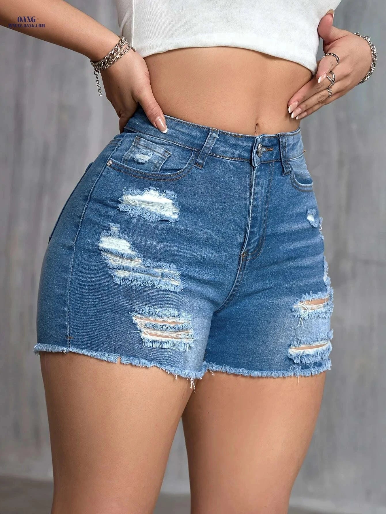 Women's Ripped Denim Shorts - Casual Frayed Hem Summer Beachwear   OAXG 