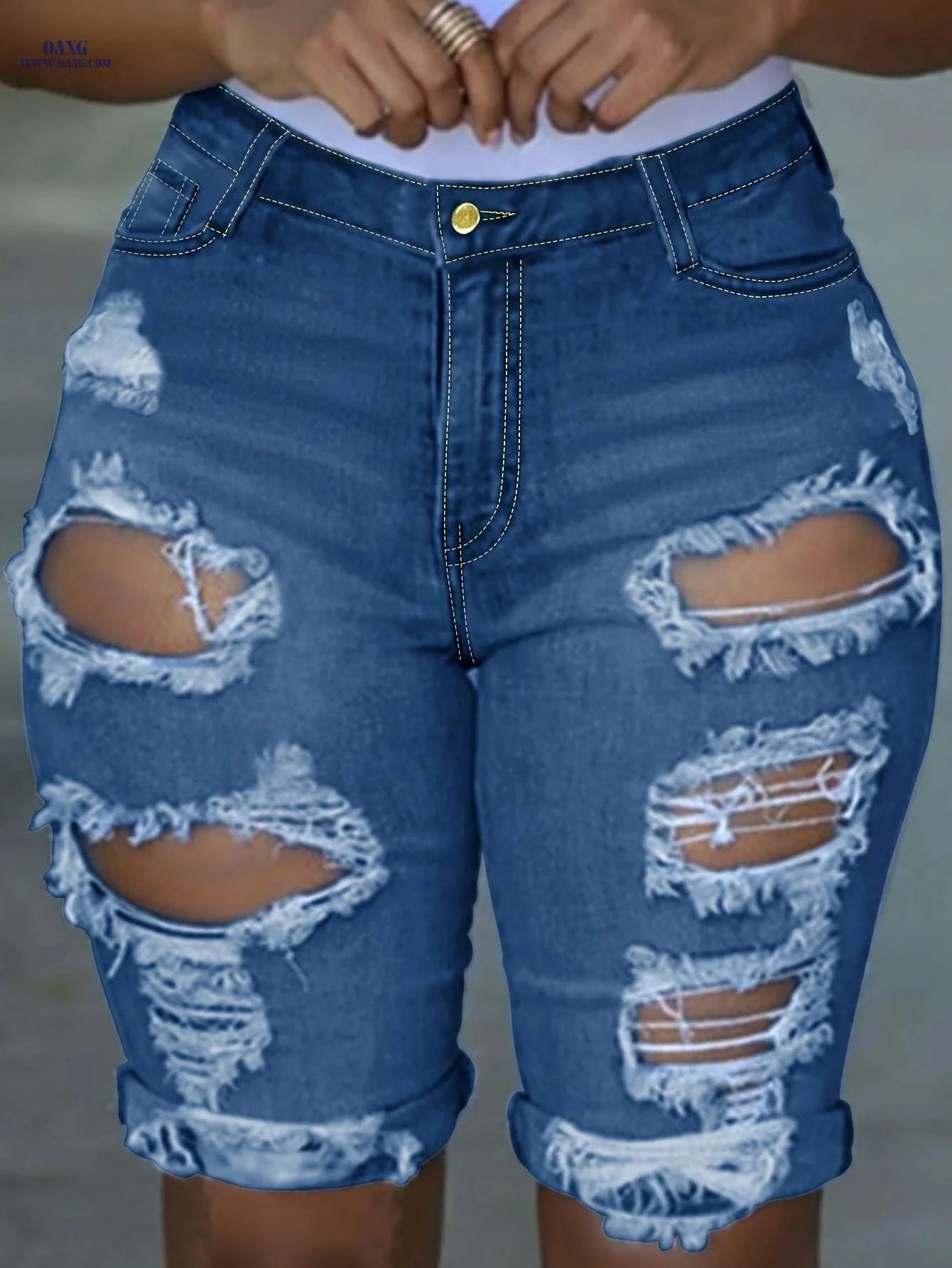 Women's Ripped Denim Shorts - Casual Fringed Hem - Spring Style   OAXG 