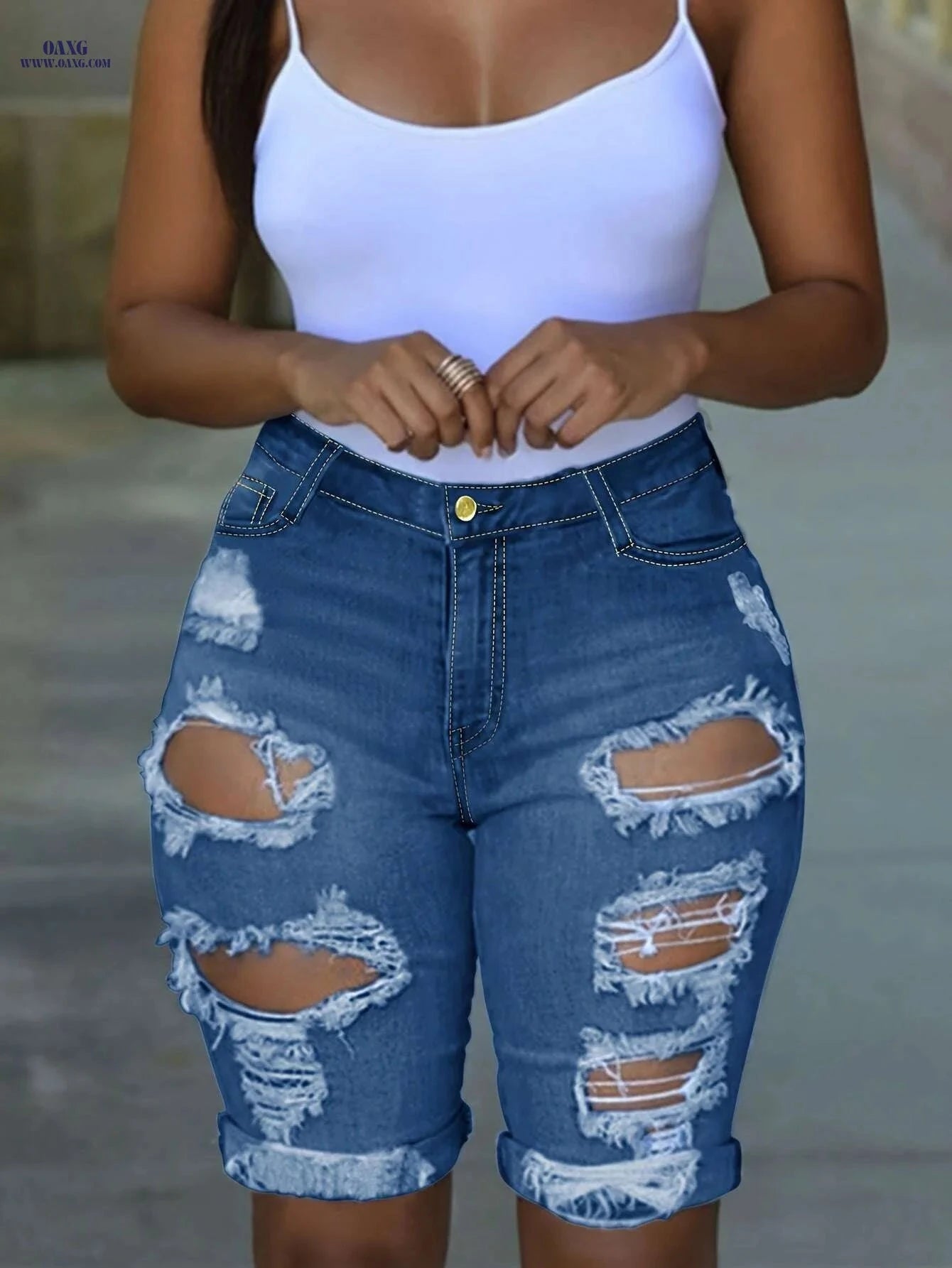 Women's Ripped Denim Shorts - Casual Fringed Hem - Spring Style   OAXG 