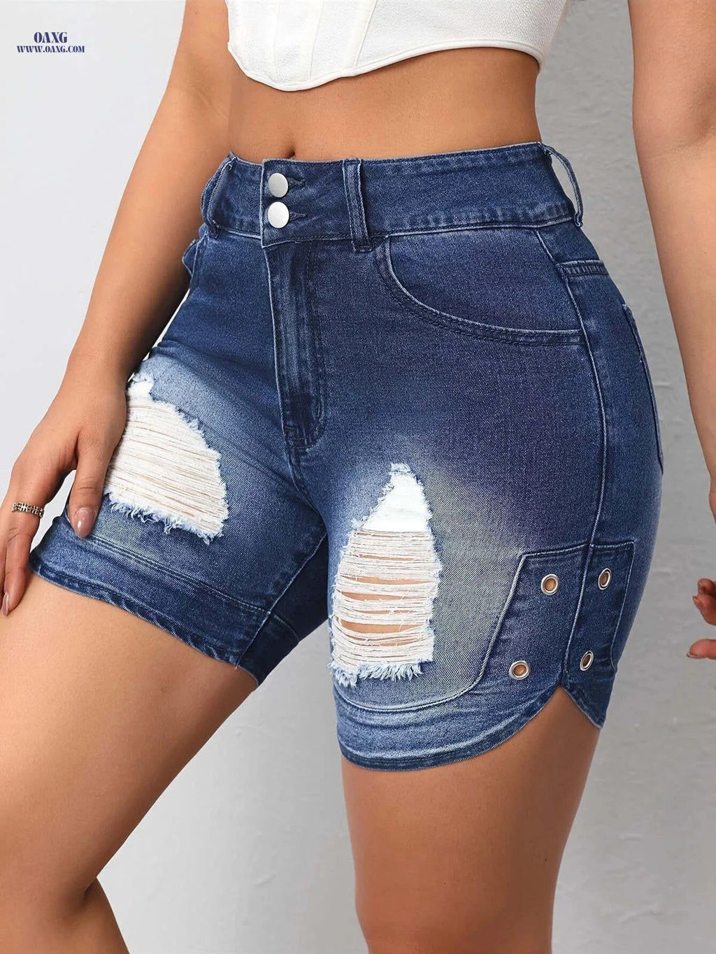 Women's Ripped Denim Shorts - Casual Style, Medium Stretch Fit   OAXG 