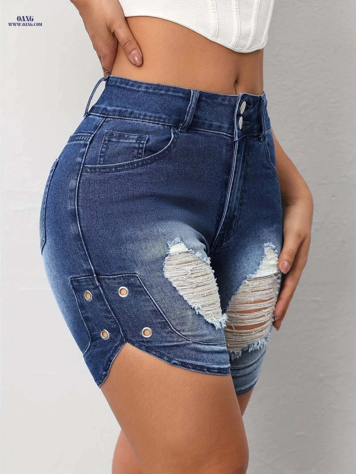 Women's Ripped Denim Shorts - Casual Style, Medium Stretch Fit   OAXG 