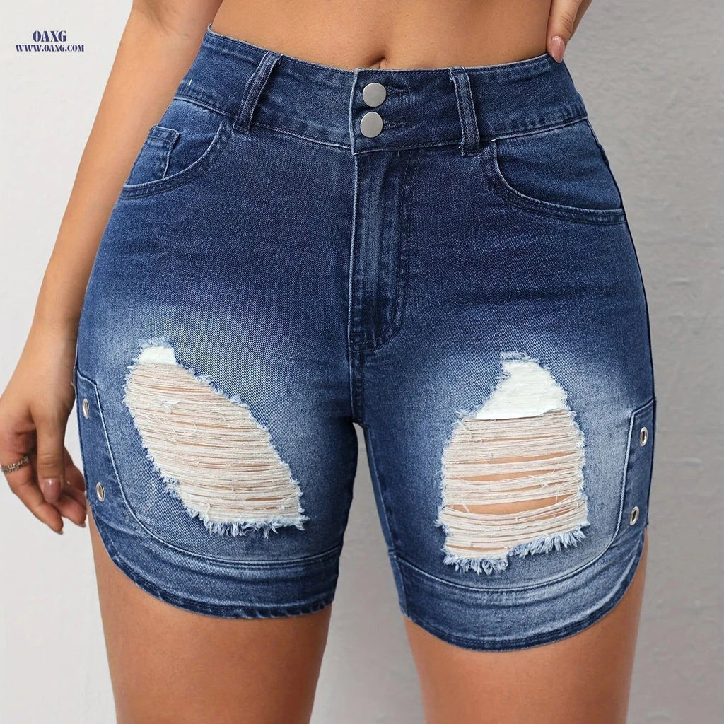 Women's Ripped Denim Shorts - Casual Style, Medium Stretch Fit   OAXG 