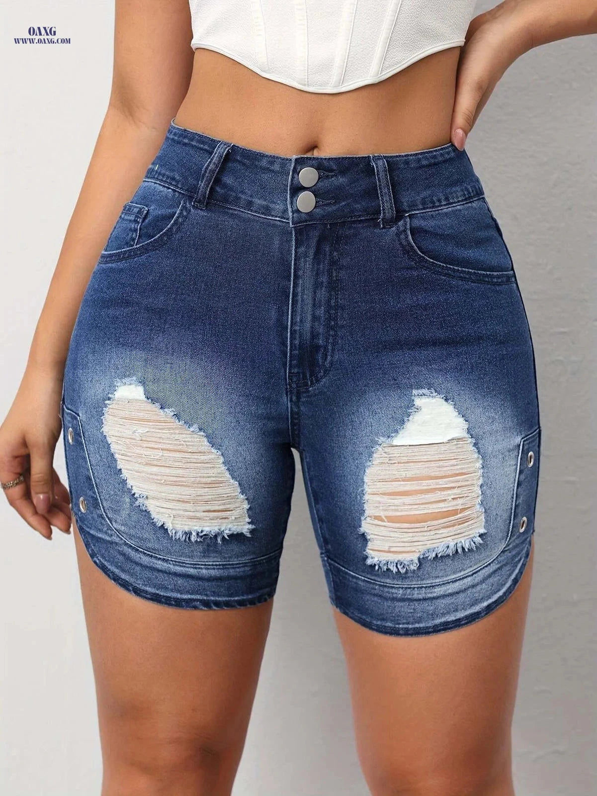 Women's Ripped Denim Shorts - Casual Style, Medium Stretch Fit   OAXG 