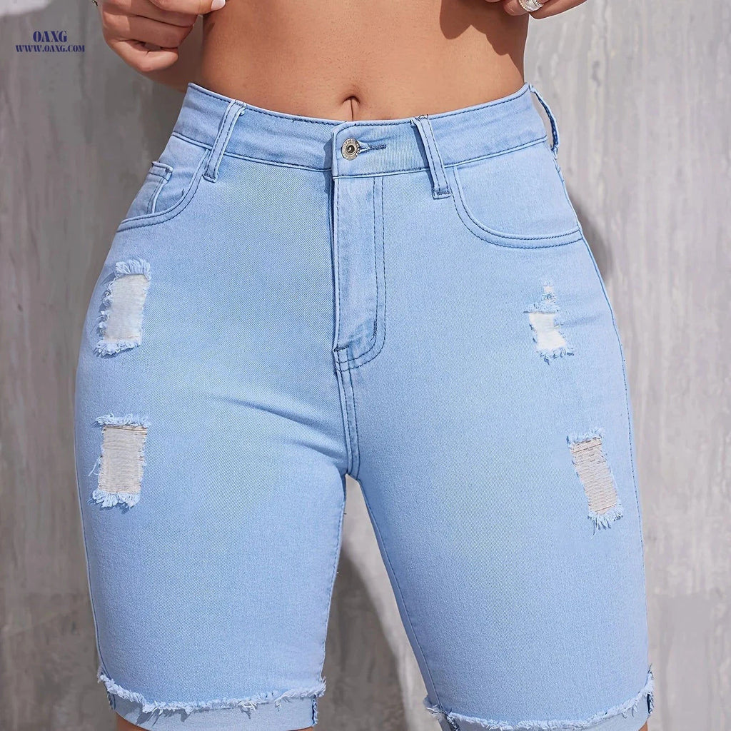 Women's Ripped Denim Shorts - Medium Stretch, Regular Fit for Spring/Summer   OAXG 