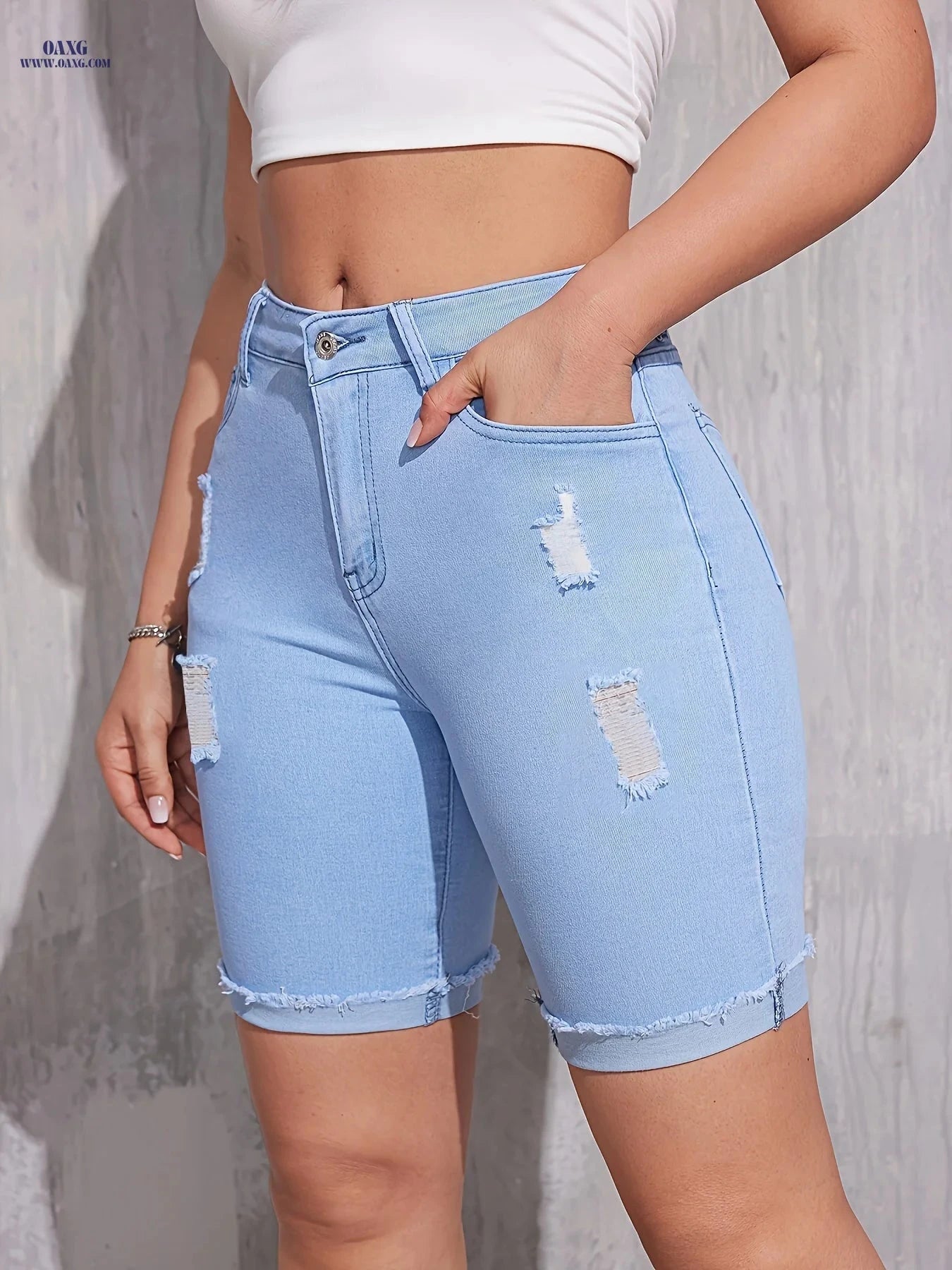 Women's Ripped Denim Shorts - Medium Stretch, Regular Fit for Spring/Summer   OAXG 