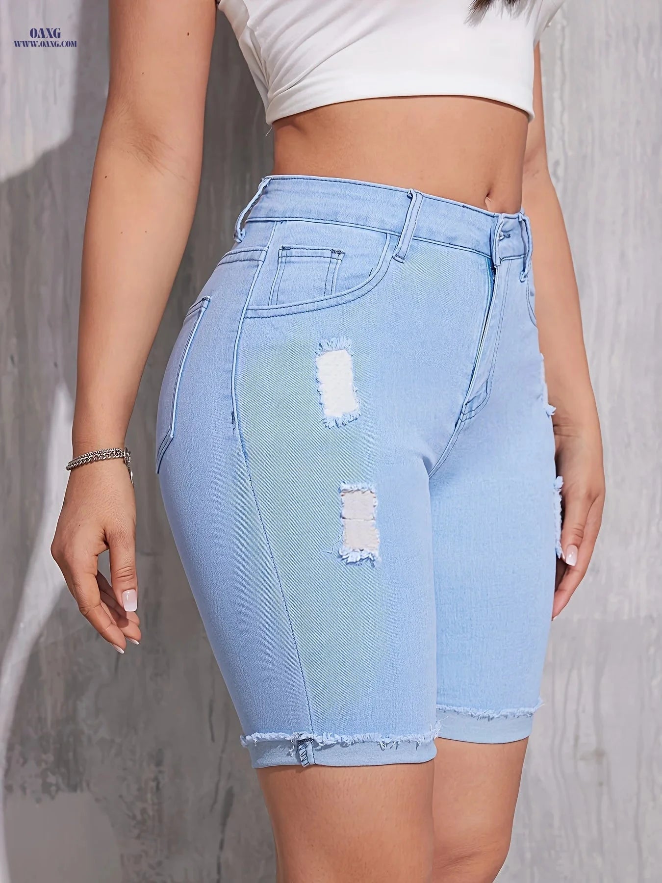 Women's Ripped Denim Shorts - Medium Stretch, Regular Fit for Spring/Summer   OAXG 