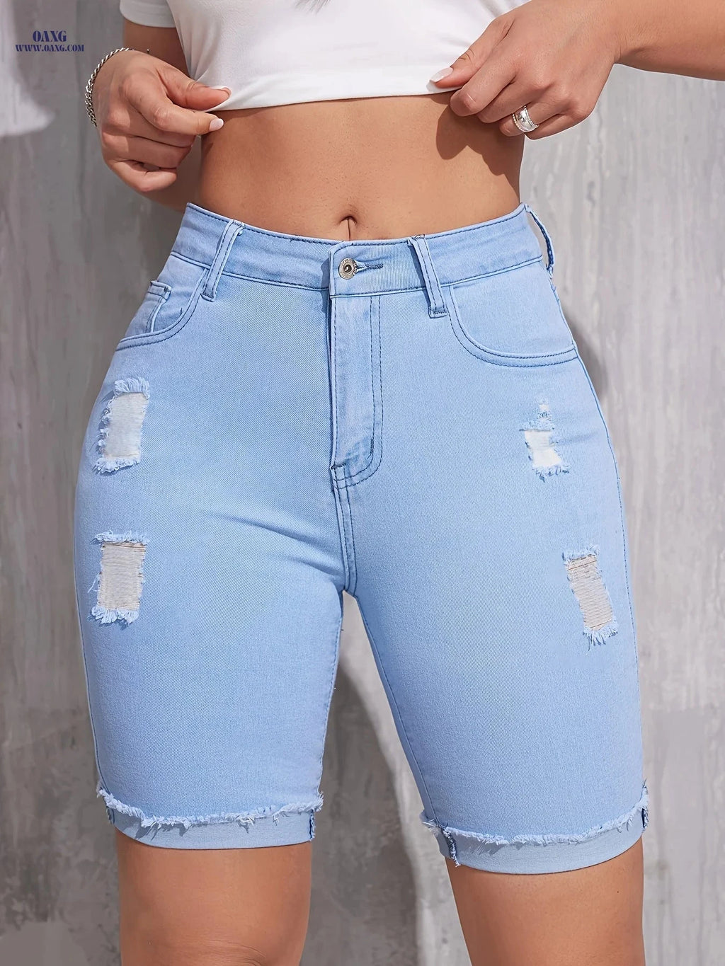 Women's Ripped Denim Shorts - Medium Stretch, Regular Fit for Spring/Summer   OAXG 